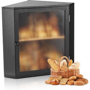 VEVOR Corner Bread Box for Kitchen Counter, Double Layer Large Capacity Bamboo Bread Storage Container, Farmhouse Wooden Breadbox for Homemade Bread, Storage Holder Bin with Acrylic Wavy Door, Black