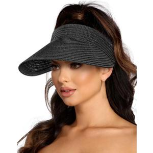 Sun Visor Hats for Women,Beach Sun Hats UPF50+ UV Protection Straw Sun Beach Visor Summer Hats Packable (Black)