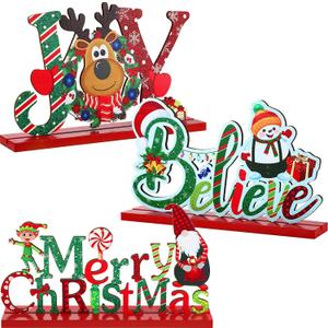 Blulu 3 Pcs Christmas Decorations Indoor Centerpieces for Tables Tabletop Wooden Signs Farmhouse Centerpieces Xmas Snowman Santa Claus Gnome Signs Merry Christmas for Xmas Holiday Party Decor(Red)