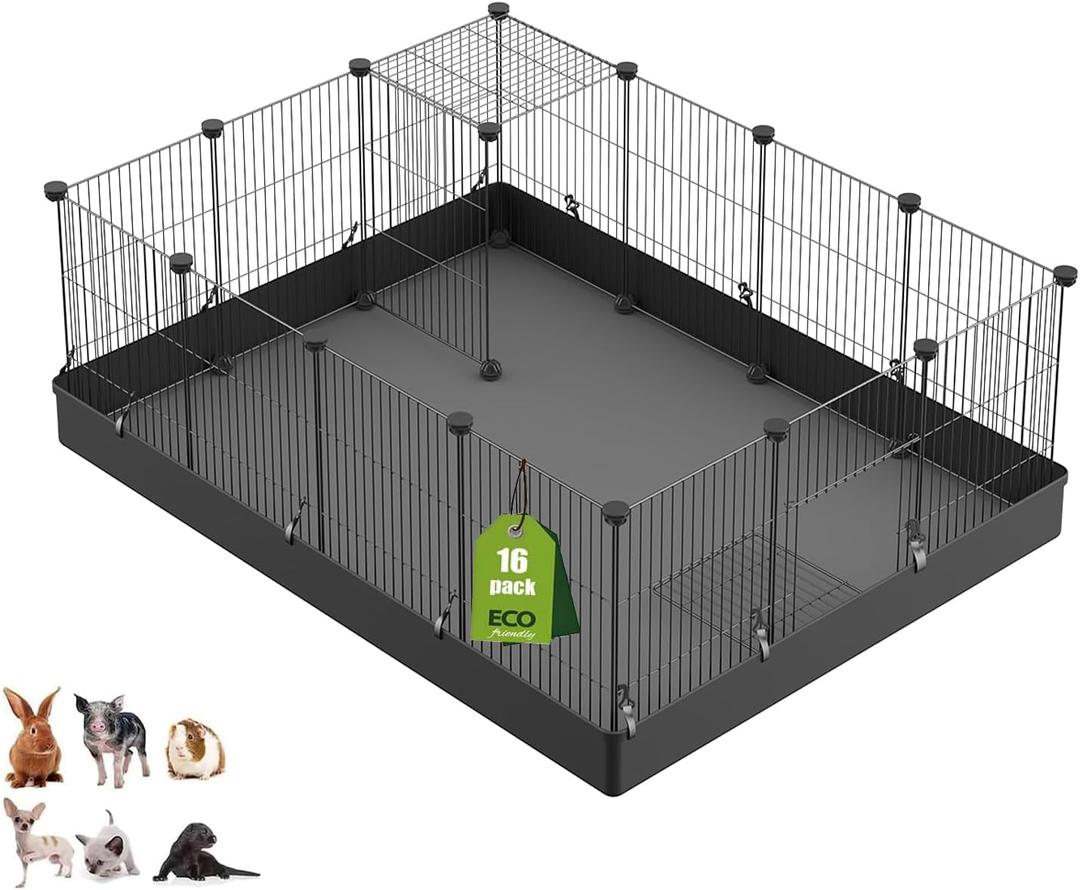LANGXUN 16pcs Small Animal Pet Playpen with Door & Waterproof Mat, Rabbit Guinea Pig Cage, Puppy Kitten Playpen | Indoor & Outdoor Portable Metal Wire Yard Fence 13x13in