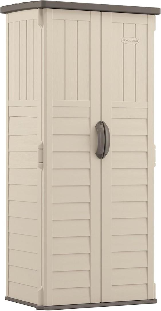 Suncast Vertical Outdoor Storage Shed with Reinforced Floor, Lockable Double Doors, All-Weather Construction, and Multi-Wall Panels, Vanilla, Made in the USA