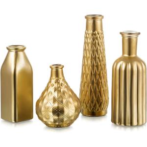 Glasseam Gold Vase for Flowers: Small Glass Vases for Living Room Kitchen Table Centerpieces, 4 Aesthetic Decorative Golden Modern Home Decor for Floral,Gold