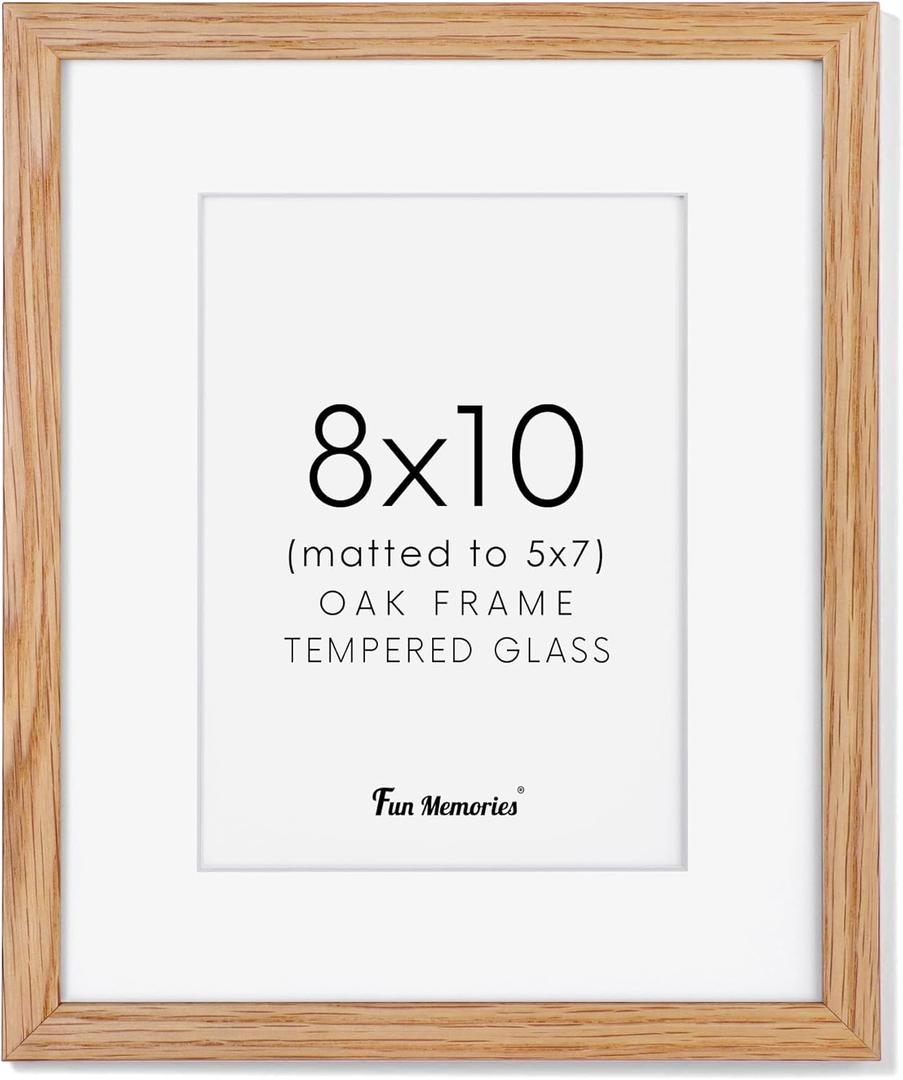 8x10 Picture Frame, Solid Oak Wood 8"x10" Photo Frame, Tempered Real Glass, 8x10 Frame with Mat for 5x7, 8 by 10 Wooden Frame, 8x10 Picture Frames for Wall or Tabletop Display
