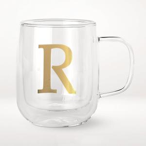 COLLECTIVE HOME - Double Walled Glass Coffee Mugs, Insulated Coffee Mug with Handle, Personalized Gifts for Women, Men, Christmas, 14 oz Monogram Cups (R)