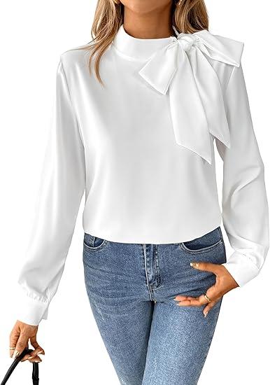 SOFIA'S CHOICE Women's Bow Tie Neck Corporate Outfits Long Sleeve Dressy Blouse Casual Business Shirt Top, L