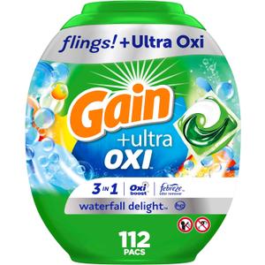 Gain flings Ultra Oxi Laundry Detergent Pacs, 112 Count, Waterfall Delight Scent, 3-in-1, HE Compatible