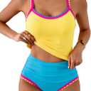 Eomenie Tankini Swimsuit for Women Tummy Control Ruched Two Piece Bathing Suits High Waisted Shell Stitch Swimwear (Large, Yellow&Blue)