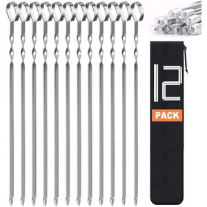 Skewers for Kabobs, 14" Metal Kebab Skewers for Grilling Flat Long Stainless Steel Kabob Sticks, Reusable Grill Shish BBQ Barbecue Sticks for Meat Chicken Vegetable Shrimp, 12 Pack