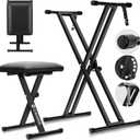 CAHAYA Keyboard Stand and Bench Set: 13~39 Inch Wide Adjustable Height Heavy Duty Portable Piano Stand and Bench with Locking Straps Double-X 7-Level Adjustable for 61 76 88 Key Keyboards