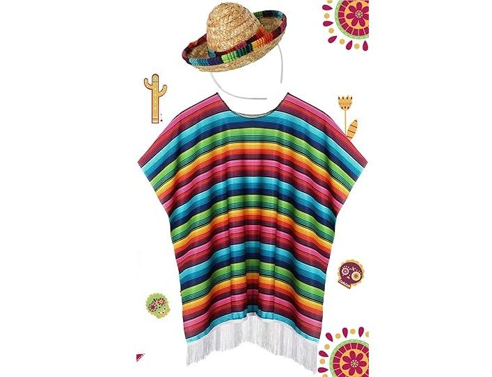 JaGely 2 Pcs Cinco De Mayo Mexican Fiesta Serape Poncho Fabric and Straw Sombrero Headbands Mexican Costume
