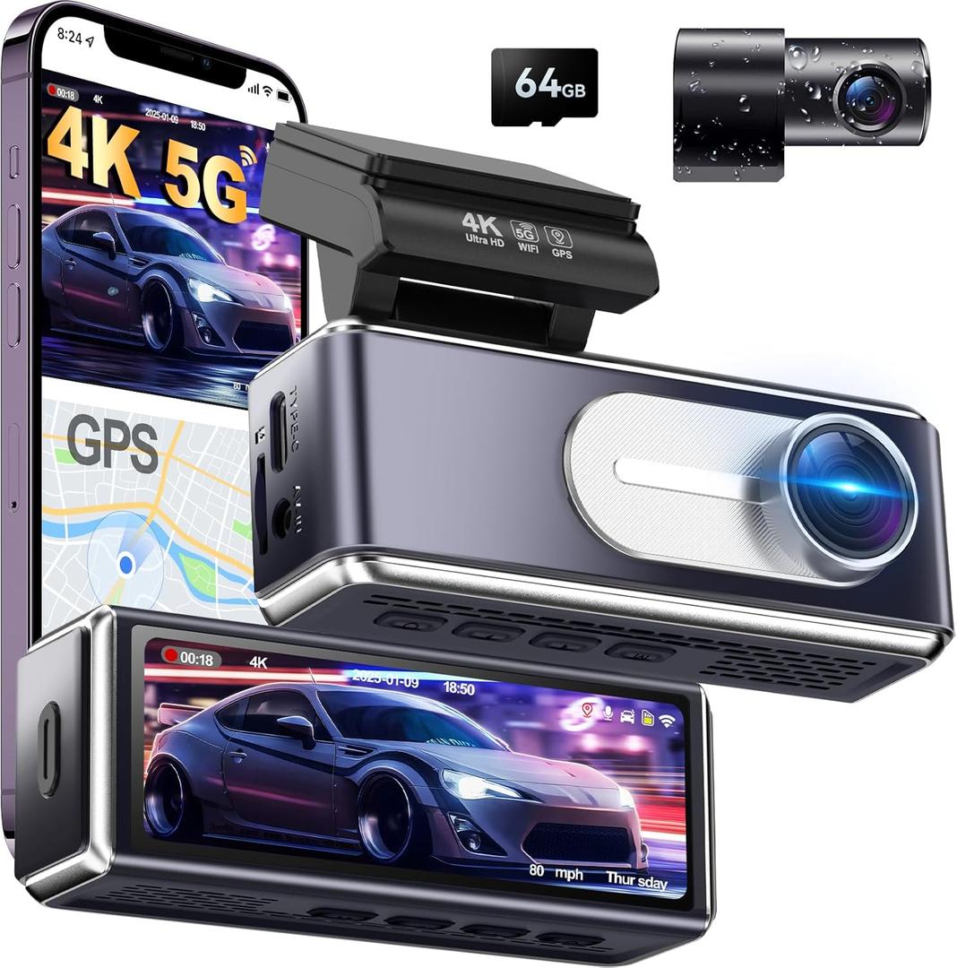 Dash Cam Front and Rear,4K UHD Dual Dash Camera for Cars,Built-in 5G WiFi GPS,64GB Card,170Wide Angle,Car Camera with 3.2" Screen,Night Vision,App Control,Loop Recording,HDR,24H Parking Mode