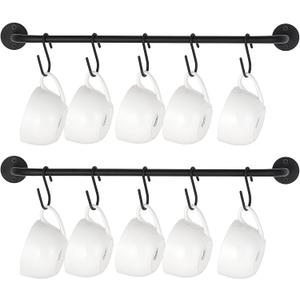 Mkono Mug Holder Wall Mounted Coffee Cup Rack Hanger Modern Metal with 10 Mug Hooks Rustic Utensil Tea Cups Storage Organizer for Kitchen Dining Room Coffee Bar, Set of 2, Black (Medium)