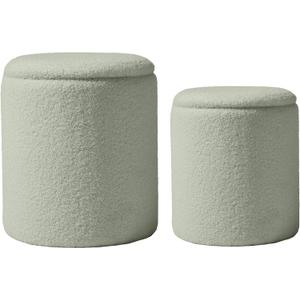 Round Boucle Upholstered Ottoman with Storage Set of 2 Vanity Stool Foot Rest with Removable Lid White Tall Ottomans Chair for Living Room Pouf Footstool,Gifts Green