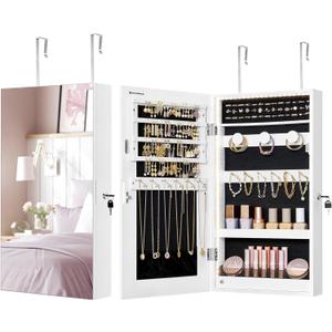 SONGMICS Mirror Jewelry Cabinet Armoire with Built-in LED Lights, Wall or Door Mounted Jewelry Storage Organizer, 3.8 x 14.6 x 26.4 Inches Hanging Mirror Cabinet, Gift Idea, White UJJC050W01