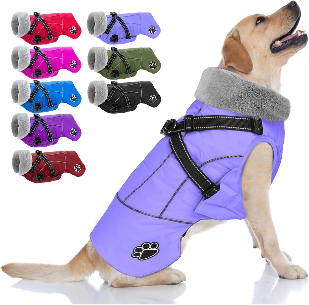 Doglay Dog Coat with Harness, Reflective Warm Dog Jacket Waterproof Puppy Winter Coat for Cold Weather, Adjustable Fleece Jacket for Dogs (Light Purple) X-Large