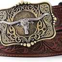 LALATCH Cowboy Cowgirl Belt Western Belts for Men Women Floral Engraved Longhorn Bull Buckle Belt for Jeans, Wasit 28"-32"