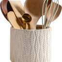 Utensil Holder Rustic Farmhouse Ceramic Utensil Crock for Countertop 5.3-Inch Handcrafted Kitchen Cooking Utensil Crocks with Cork Base Kitchen Decor Utensil Caddy(Pure White)