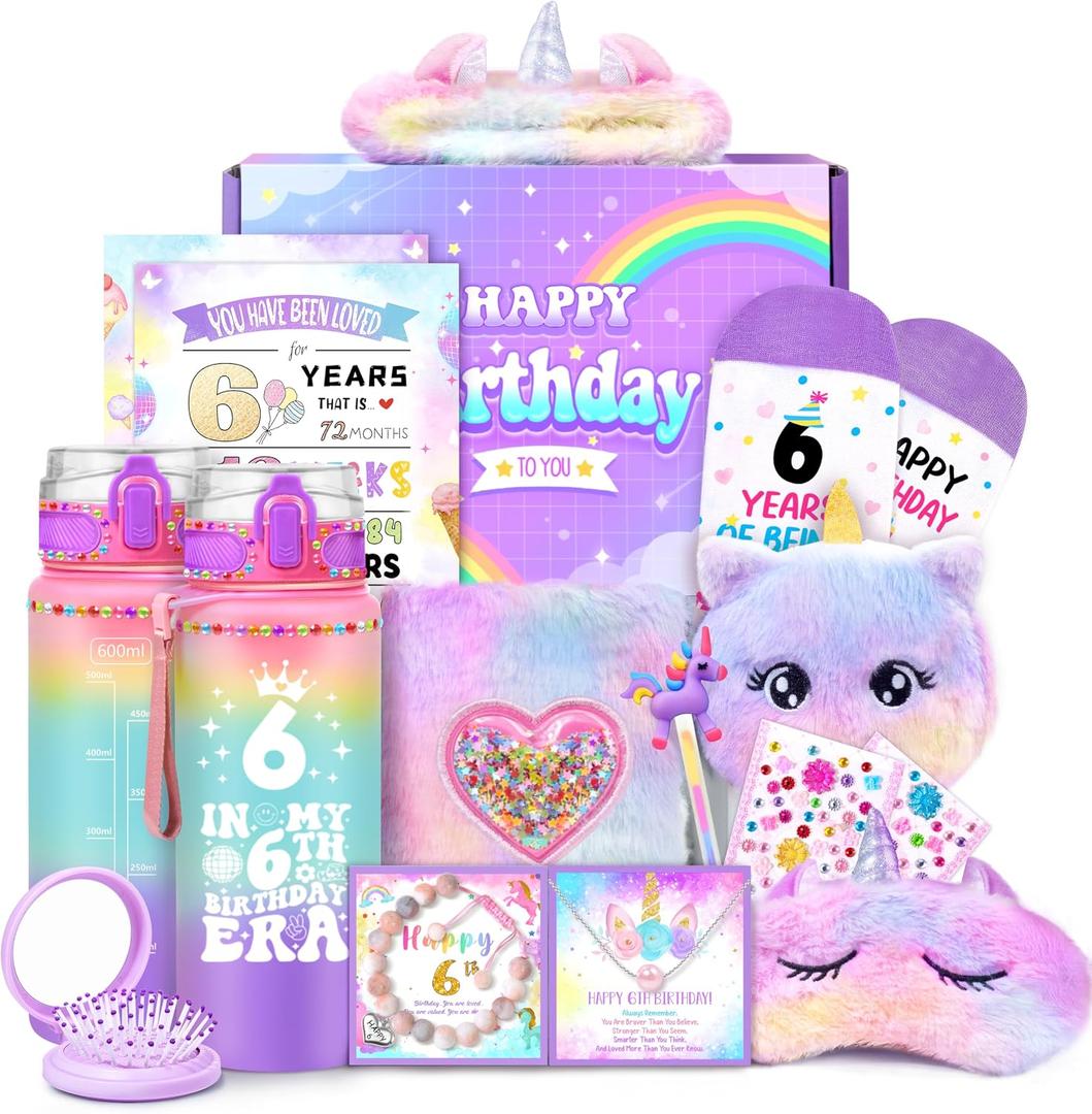 6 Year Old Girl Birthday Gifts, Unicorn Gifts for Girls Age 6, Birthday Gift for Girls Kids, Unicorn Toys Diary Headband Eye Mask Water Bottle for Six Year Olds Girl Gift Ideas Decorations Accessories