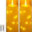 Sasigeiaa Waterproof Outdoor Candles with Timer & Remote - Battery Operated LED Candles, Realistic Flameless Plastic Pillar, Pack of 2 (4" D x 10" H, Gold) for Patio, Garden Camping Rainy Weather