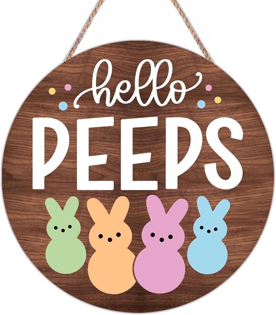 Easter Door Decorations Bunny Decor - Hello Peeps Rabbit Wall Sign - Wooden Welcome Door Hanger Wreath for Easter Decorations for the Home Party Supplies