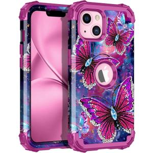 LONTECT for iPhone 14/ iPhone 13 Case Glow in The Dark Three Layer Heavy Duty Shockproof Hard PC+Soft Silicone Rugged Full Body Protective Case for Women Girls,Purple Red