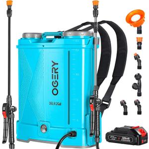 OGERY Battery Powered Backpack Sprayer 4 Gallon, 2.6Ah 21V Battery Electric Pump Sprayer with 6 Nozzles, Telescopic Stainless Steel + Plastic Wand for Lawn Garden Weed Yard Cleaning (Charger Included)