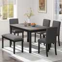 Zevemomo 6-Piece Solid Wood Dining Table Set, Including 1 Dining Table, 4 Upholstered Chairs and 1 Bench, Wooden Legs Dining Table Set for Dining Room, Kitchen, Restaurant, Dark Grey