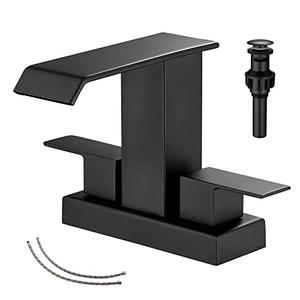 GGStudy Bathroom Faucet Matte Black Modern 2 Handles 4 Inches Centerset RV Black Waterfall Bathroom Vanity Faucet with Drain Assembly