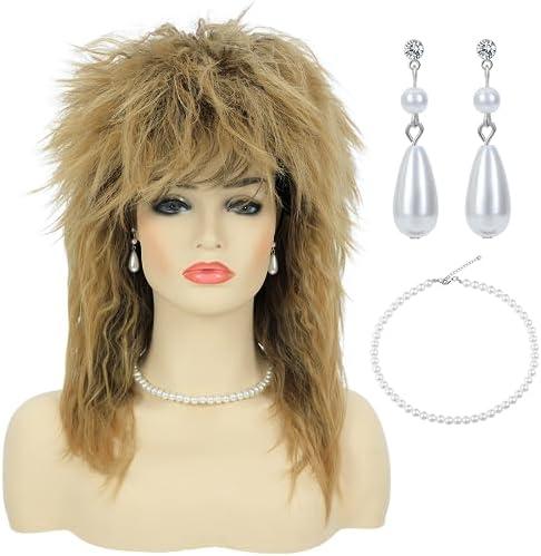 Bettecos 80s Women Rock Diva Costume Wig with Necklace and Earring for Women Big Hair Blonde 70s 80s Rocker Mullet Wigs Glam Punk Rock Rockstar Cosplay Wig for Halloween Party (Blonde)