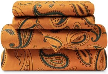 Superior Flannel Brushed Cotton Paisley Bed Sheet Set, Soft, Warm Bedding, Bohemian Floral Sheets, Bedroom Decor, 1 Flat Sheet, 1 Elastic Deep Pocket Fitted Sheet, 2 Pillowcases, Queen, Pumpkin