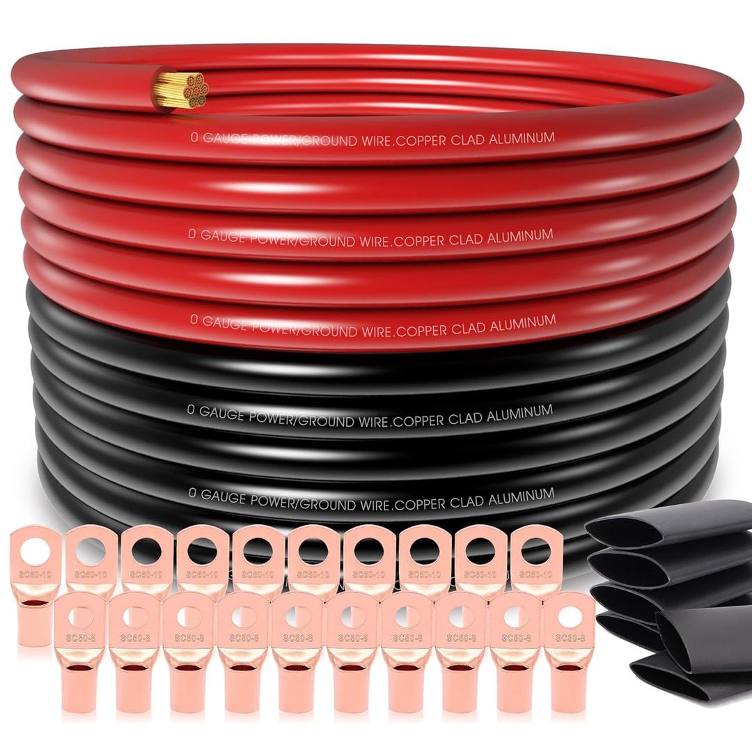 40FT 0 Gauge Wire Copper Clad Aluminum, 1/0 Battery Cable, 20pcs Lugs Terminal Connectors with 3:1 Heat Shrink Tube for Amp,Inverter, Winch, Reducer, Starter, Solar Power, DC Wiring