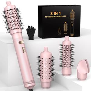 4 in 1 Rotating Hair Dryer Brush Spinning with Detachable Brush(2" & 1.5"),Negative Ionic Brush Blow Dryer 100-120V,3 Heats and 2 Speeds Rotating Hot Air Brush for Curling,Straight,Drying