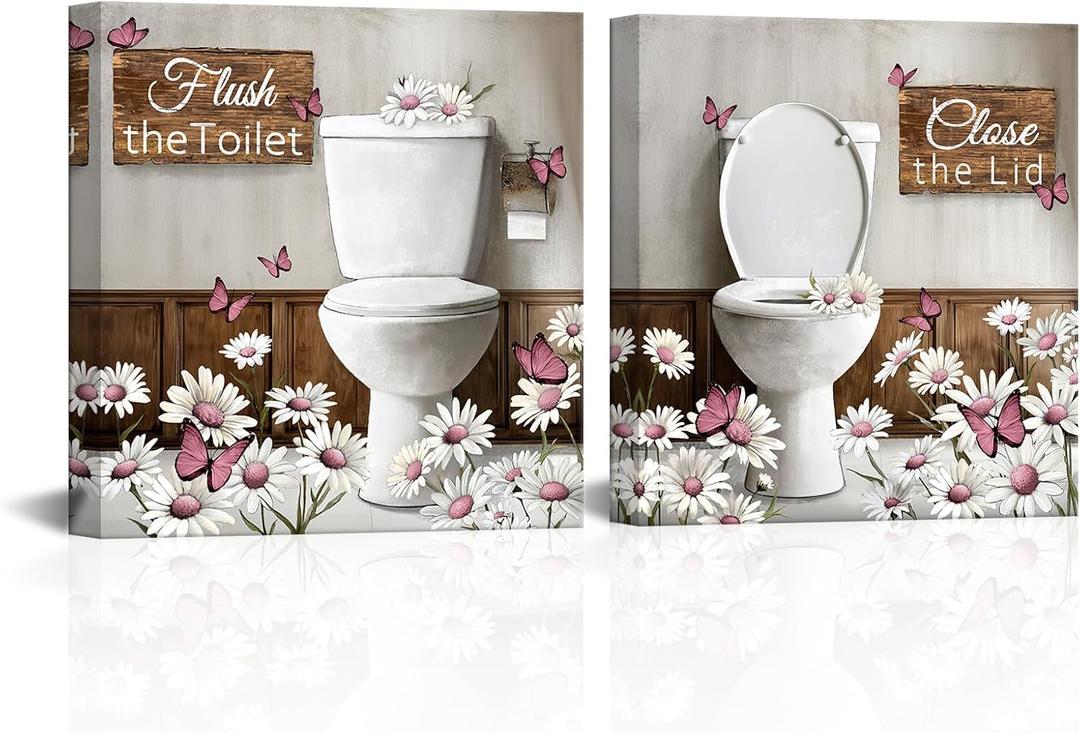 WELMECO Farmhouse Bathroom Wall Art Toilet Rules Sign Rustic Daisy Butterfly Painting Pictures Bathroom Wall Decor Framed Canvas Prints 12x12inchx2Pieces Brown (Pink)
