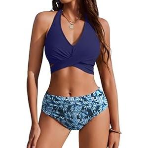 AI'MAGE Womens High Waisted Bikini Sets Tummy Control Bathing Suits Halter Two Piece Swimsuit Modest Bikini 2025 Navy Blue L