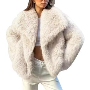 Flygo Women's Faux Fur Coat Fluffy Faux Fur Jacket Long Sleeve Lapel Furry Winter Jackets Shaggy Parka Short Coat (Medium, Beige)