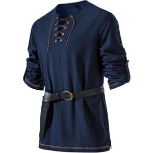 JEMITOP Men's Pure Cotton Vintage Lace Up Shirts for Pirate Renaissance Viking Medieval Costume Without Belt (Large, Navy Blue)