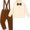 YALLET Toddler Baby Boy Clothes Polo Neck Long Sleeve Tops with Removable Bowtie + Overalls Fall Winter Outfits Set 1-5T (3-4T, Apricot/Brown)