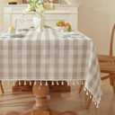 Gingham Tablecloth Rectangular, Tassels Checkered Table Cloth Washable Cotton Linen Plaid Table Cover for Spring Summer Kitchen Dining Party,Beige and White,55x55