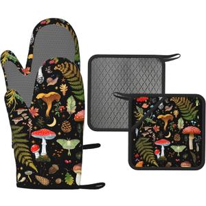 Mushroom Oven Mitts and Pot Holders Set Silicone Kitchen Gloves Potholders Heat Resistant for Chef Baking Cooking Grilling BBQ (Set of 4)
