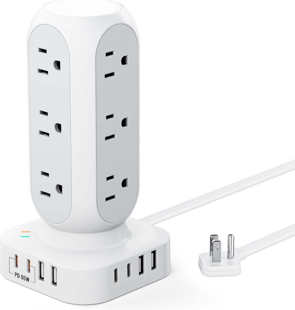 TenTrend 65W Fast Charging Station, Flat Plug Power Strip Tower with 12 AC Outlets & 8 USB Ports (2 PD USB-C Ports), 10FT Extension Cord, Compatible for MacBook Pro, iPhone Series.