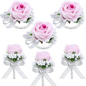 6Pcs Light Pink Corsage and Boutonniere Set, Artificial Rose Wrist Corsage Bracelets, Men Boutonniere for Wedding Decorations Prom Anniversary Party Suit Flower Accessories