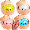 Glitter Dumpling Squishy Mystery Box - 2026 Upgraded Dumplings Squishes for Adults Teens Squeeze Easter Basket Stuffers Smiling Silver Pink Blue Yellow - 4 PCS