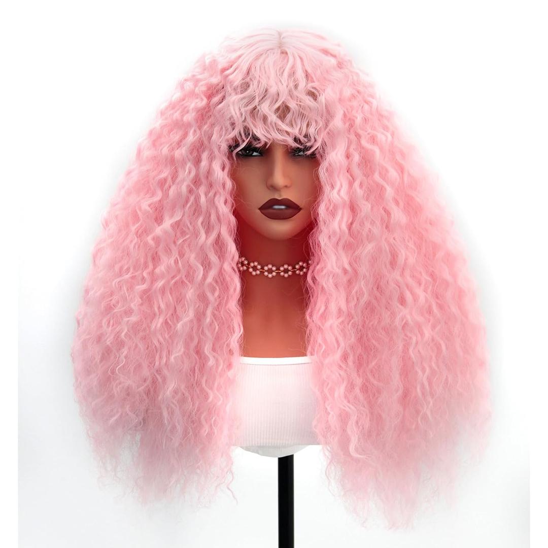 Curly Wig with Bangs Pink Curly Wig for Women Long Linght Pink Curly Wigs Skin-friendly Synthetic Fibersc for Daily Festival Holiday Use Long Curly Wig 26INCH