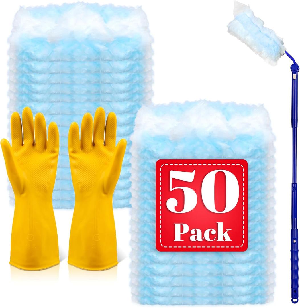 50 Pack Duster Refills Compatible with Swiffer Dusters, Disposable Replacement Heads with Extendable Handle for Dust Removal on Vents, Baseboards, Ceiling Fans, Crevices & Hard-to-Reach Places