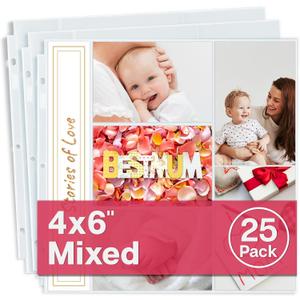 Dunwell Photo Album Refill Pages 12x12 (4x6 Mixed Layout), 25 Pack Holds 250 Pictures, Plastic 4 x 6 Photo Sleeves for 3-Ring Scrapbook Binder, Acid-Free Poly