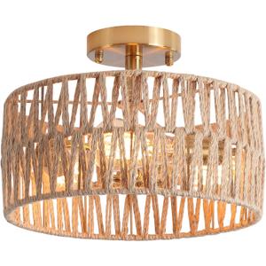 3-Light Antique Gold Woven Flush Mount Light Fixture Rustic Coastal Hemp Rope Brass Semi Flush Mount Ceiling Light for Hallway Bedroom Kitchen Entryway Farmhouse Living Room