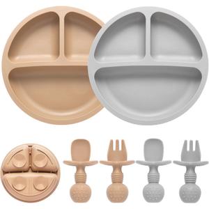 Eascrozn Silicone Baby Feeding Set, 2 Pack Divided Baby Plates with Suction, 2 Pack Spoons and Forks Set, BPA Free, Baby Led Weaning Supplies for Toddler Utensils Baby Feeding Essentials (Brown)