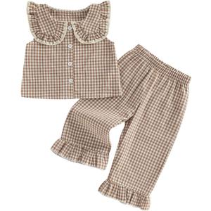 Thorn Tree Girls Summer Outfits Ruffle Sleeve Button Up Dress Tops Plaid Linen Pants Spring Toddler Girl Clothes