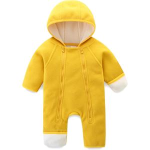 Newborn Baby Fleece Jumpsuit Girls Boys Winter Hooded Coverall Romper Cute Baby Snowsuit Clothes (Yellow), Size 3-6M