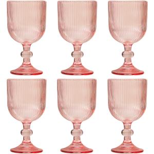 Pink Vintage Liquor Glasses Set of 6, 11 Ounces Colored Glass Water Goblets, Unique Embossed Pattern High Clear Stemmed Glassware Wedding Party Bar Glass Drinking Cups Fancy Glasses Hand Wash Only